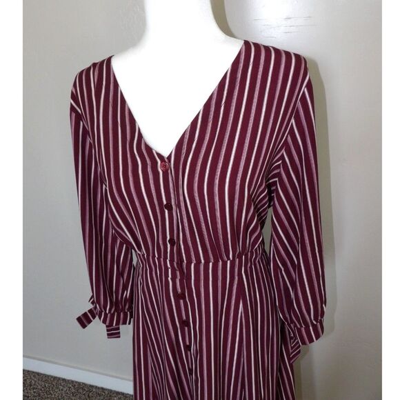 Lulus Dress Womens XL Parisa Burgundy Striped Button‎ Front Midi Dress Classic - Picture 1 of 7